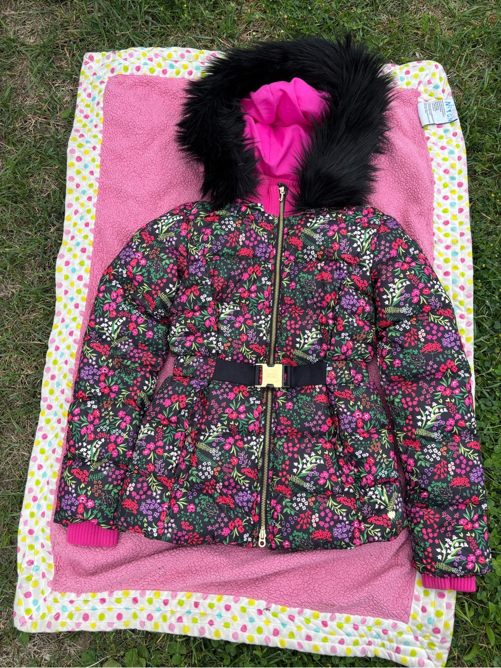 Juicy Couture Black Floral Down Puffer Jacket with Faux Fur Hood - Pink Accents